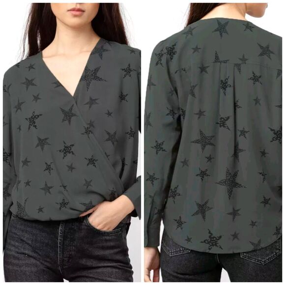 RAILS "Hillary" Top in Charcoal Cheetah Stars Faux Wrap Rayon LS Size Medium - Picture 1 of 6